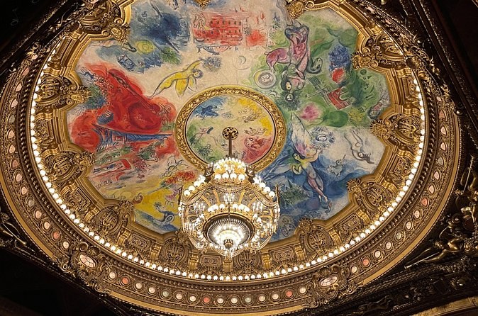 Marc Chagall's 1964 ceiling wrapped around the auditorium chandelier