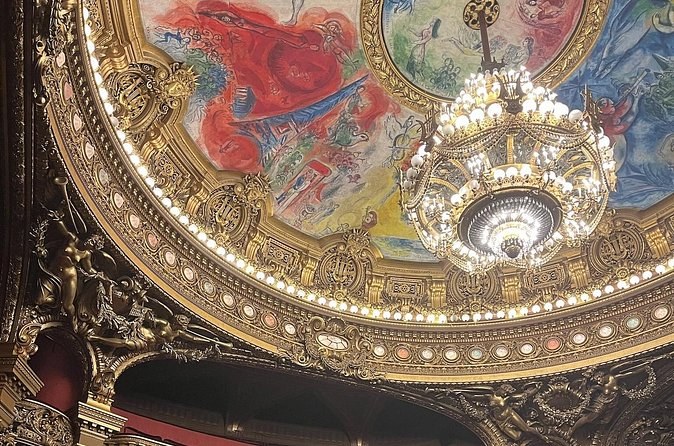 The chandelier and Chagall's ceiling seen from a box at the side